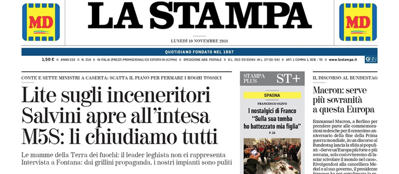 Le prime pagine dei giornali lunedì 19 novembre 2018