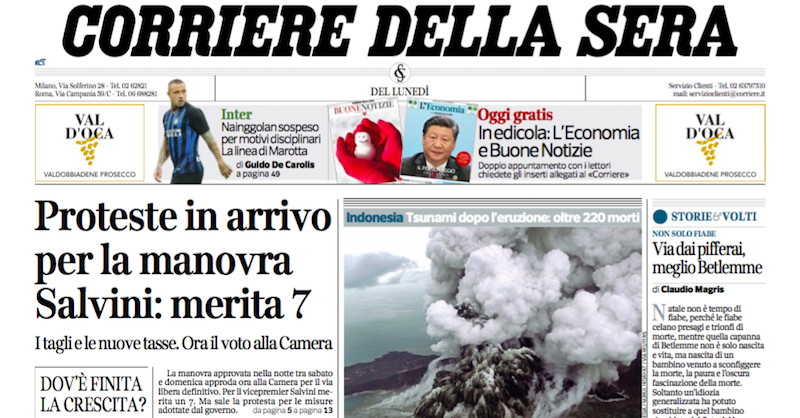 Le prime pagine dei giornali lunedì 24 dicembre 2018
