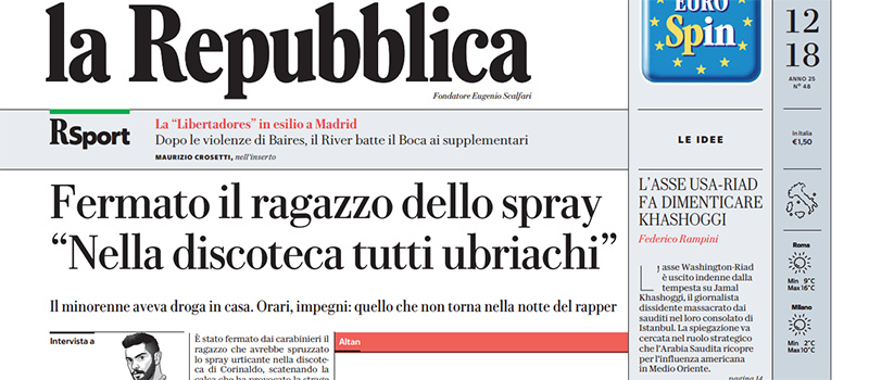 Le prime pagine dei giornali lunedì 10 dicembre 2018