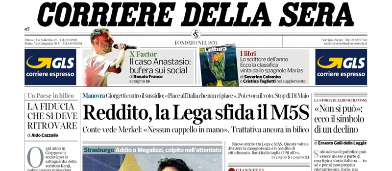 Le prime pagine dei giornali sabato 15 dicembre 2018