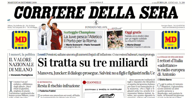 Le prime pagine dei giornali martedì 18 dicembre 2018