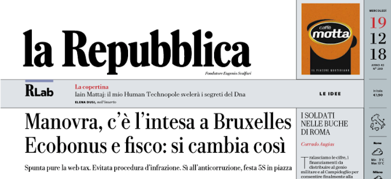 Le prime pagine dei giornali  mercoledì 19 dicembre 2018