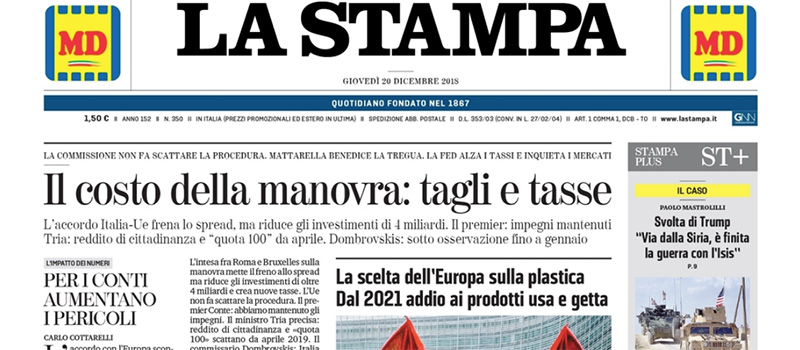 Le prime pagine dei giornali giovedì 20 dicembre 2018