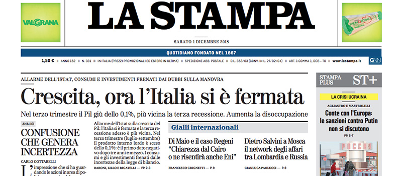 Le prime pagine dei giornali sabato 1 dicembre 2018