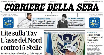 Le prime pagine dei giornali venerdì 11 gennaio 2019