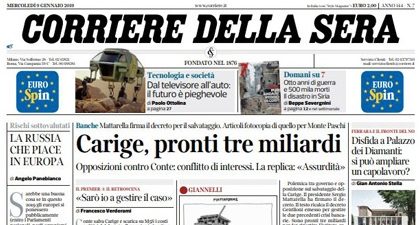 Le prime pagine dei giornali mercoledì 9 gennaio 2019