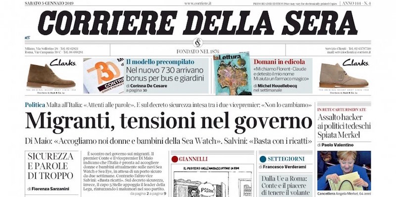 Le prime pagine dei giornali sabato 5 gennaio 2019