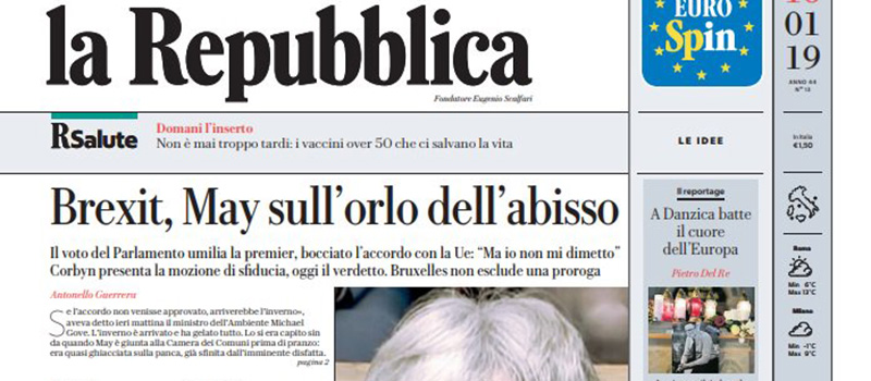 Le prime pagine dei giornali mercoledì 16 gennaio 2019
