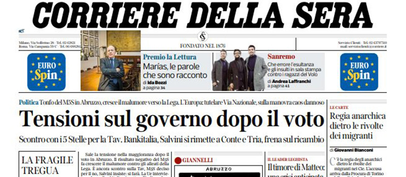 Le prime pagine dei giornali martedì 12 febbraio 2019