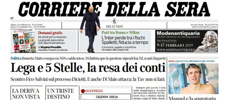 Le prime pagine dei giornali lunedì 4 febbraio 2019