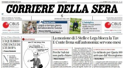 Le prime pagine dei giornali venerdì 22 febbraio 2019