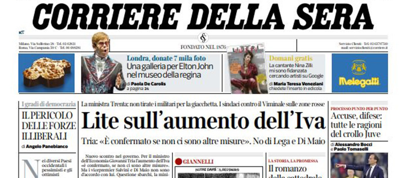 Le prime pagine dei giornali giovedì 18 aprile 2019