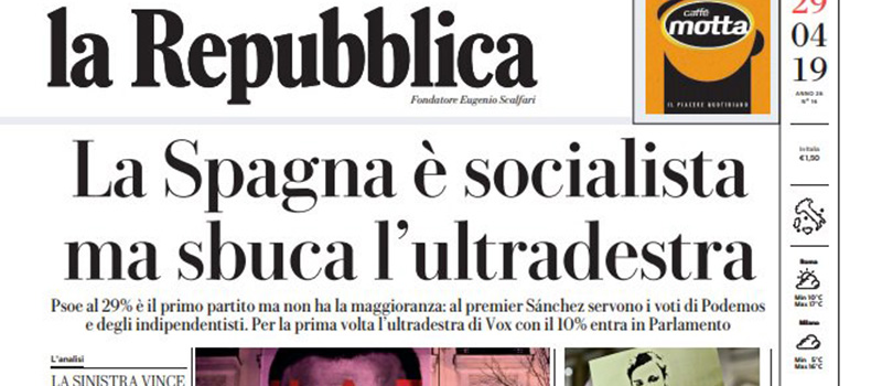 Le prime pagine dei giornali lunedì 29 aprile 2019
