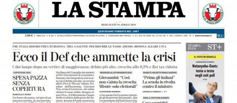 Le prime pagine dei giornali mercoledì 10 aprile 2019