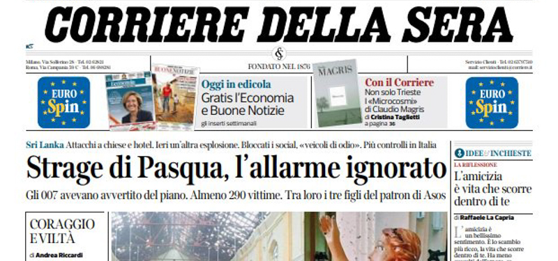 Le prime pagine dei giornali martedì 23 aprile 2019