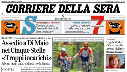 Le prime pagine dei giornali mercoledì 29 maggio 2019