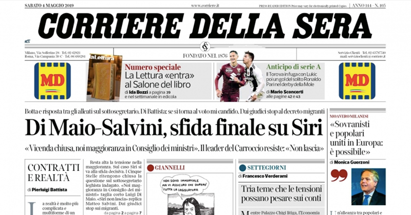 Le prime pagine dei giornali sabato 4 maggio 2019