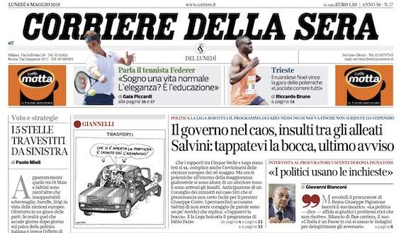 Le prime pagine dei giornali lunedì 6 maggio 2019