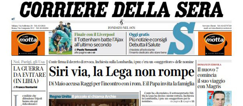 Le prime pagine dei giornali giovedì 9 maggio 2019