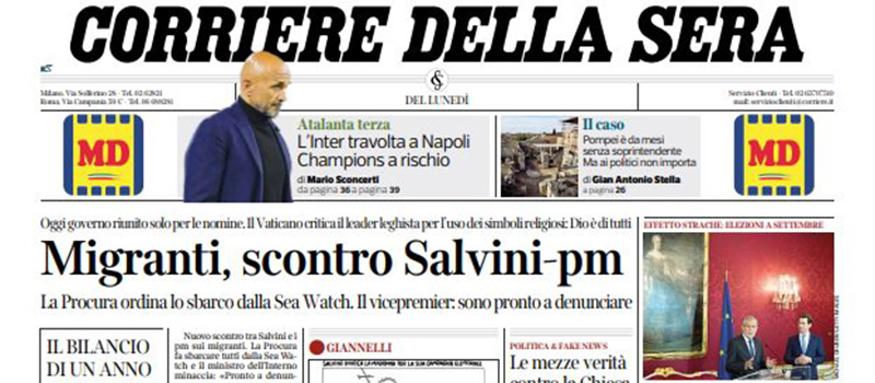 Le prime pagine dei giornali lunedì 20 maggio 2019