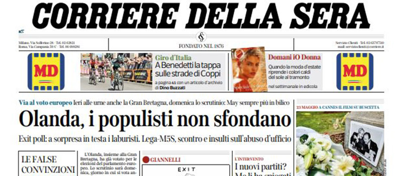 Le prime pagine dei giornali venerdì 24 maggio 2019