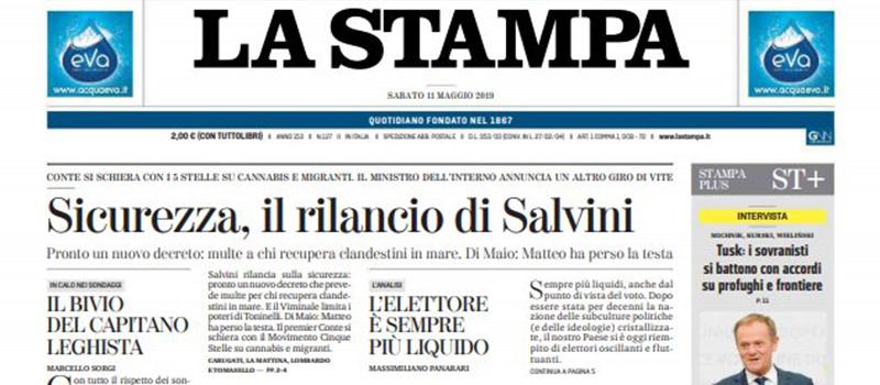 Le prime pagine dei giornali sabato 11 maggio 2019