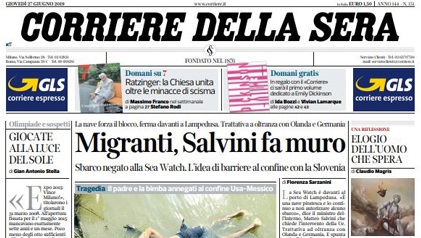 Le prime pagine dei giornali giovedì 27 giugno 2019