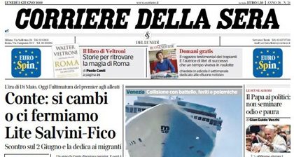 Le prime pagine dei giornali lunedì 3 giugno 2019