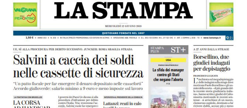Le prime pagine dei giornali mercoledì 12 giugno 2019