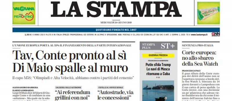 Le prime pagine dei giornali mercoledì 26 giugno 2019