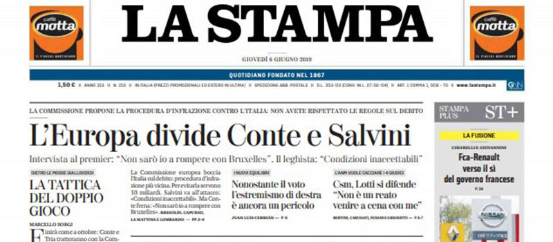 Le prime pagine dei giornali giovedì 6 giugno 2019