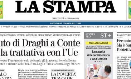 Le prime pagine dei giornali mercoledì 19 giugno 2019