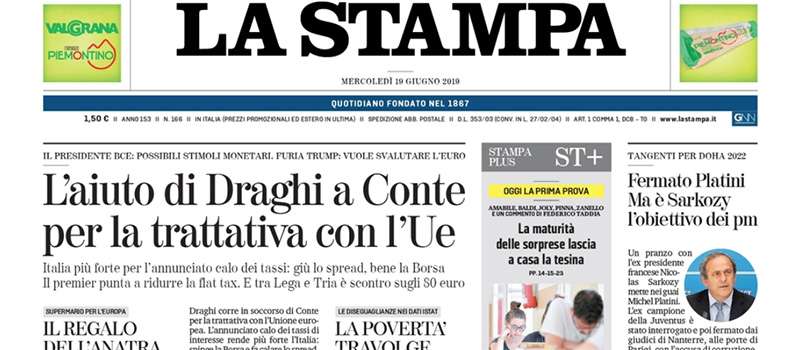 Le prime pagine dei giornali mercoledì 19 giugno 2019