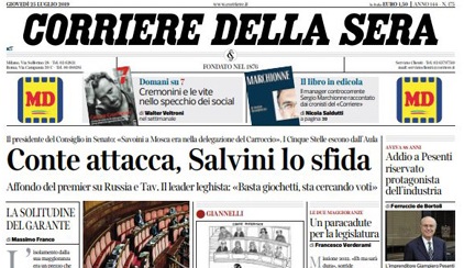 Le prime pagine dei giornali giovedì 25 luglio 2019