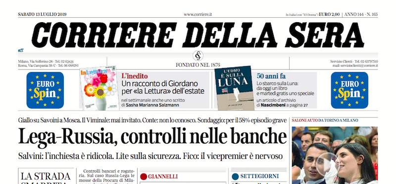 Le prime pagine dei giornali sabato 13 luglio 2019