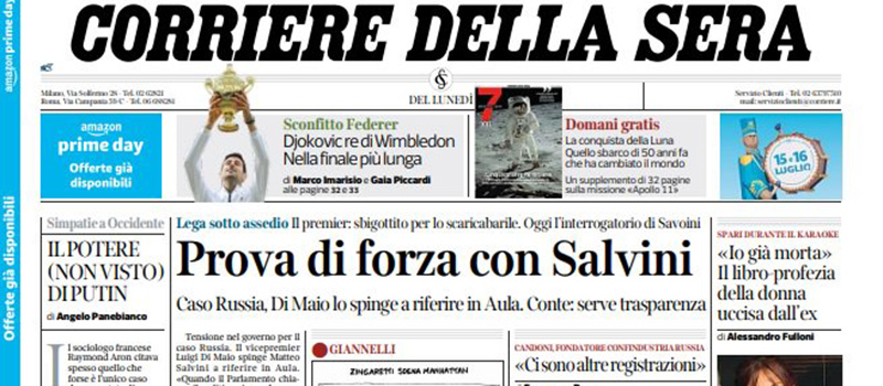 Le prime pagine dei giornali lunedì 15 luglio 2019