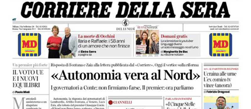 Le prime pagine dei giornali lunedì 22 luglio 2019