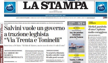 Le prime pagine dei giornali sabato 20 luglio 2019