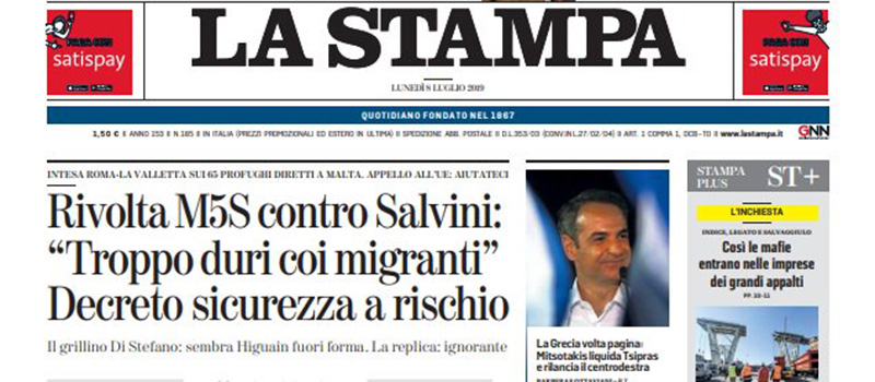 Le prime pagine dei giornali lunedì 8 luglio 2019