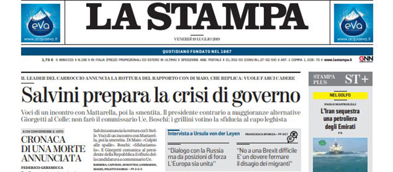 Le prime pagine dei giornali venerdì 19 luglio 2019