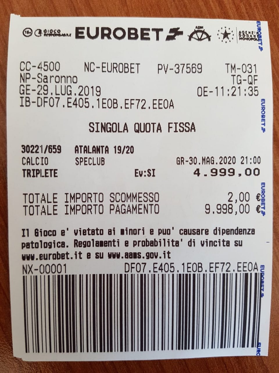 Il tifosissimo che ha puntato due euro sul triplete della Dea