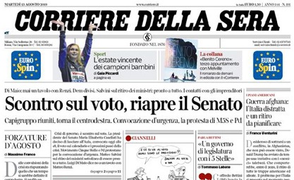 Le prime pagine dei giornali Martedì 13 agosto 2019