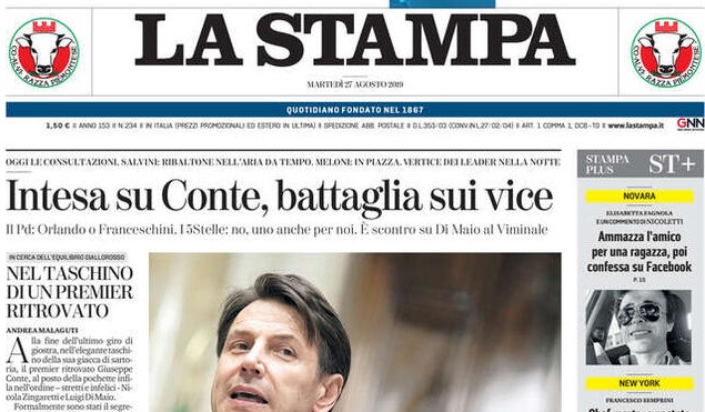 Le prime pagine dei giornali martedì 27 agosto 2019