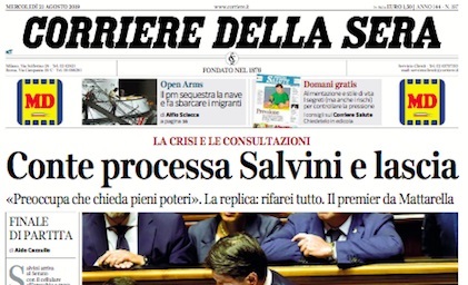 Le prime pagine dei giornali mercoledì 21 agosto 2019