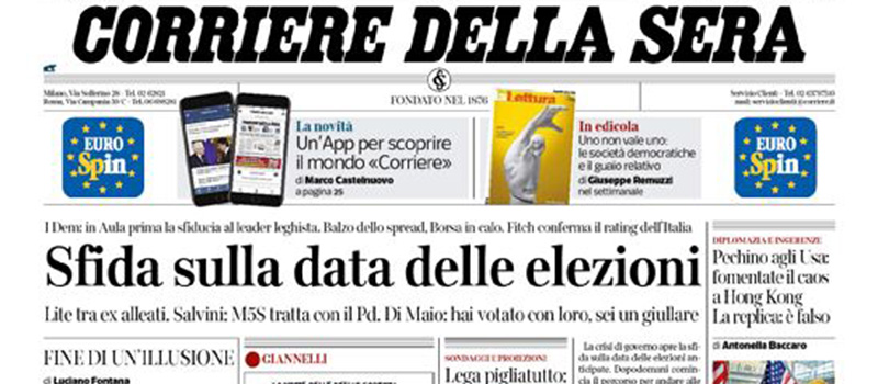Le prime pagine dei giornali sabato 10 agosto 2019