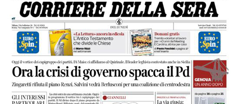 Le prime pagine dei giornali lunedì 12 agosto 2019