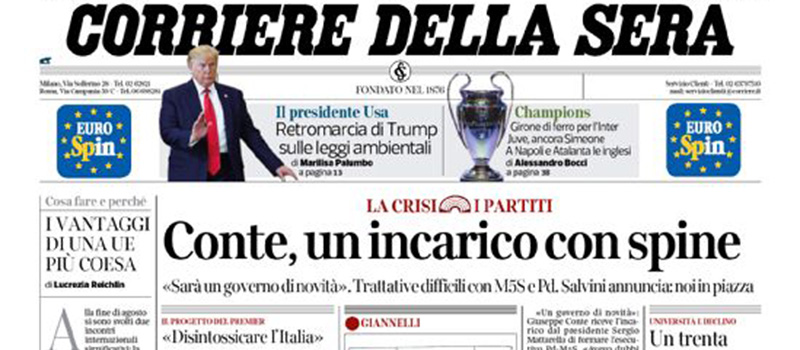 Le prime pagine dei giornali venerdì 30 agosto 2019