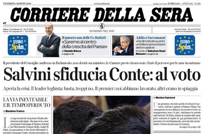 Le prime pagine dei giornali venerdì 9 agosto 2019