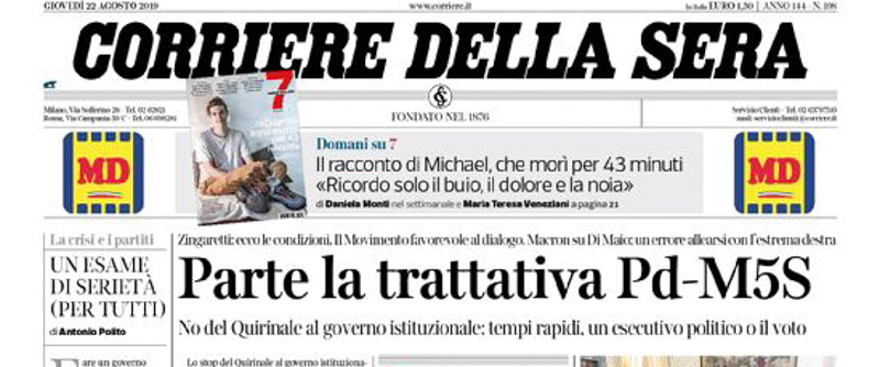 Le prime pagine dei giornali giovedì 22 agosto 2019