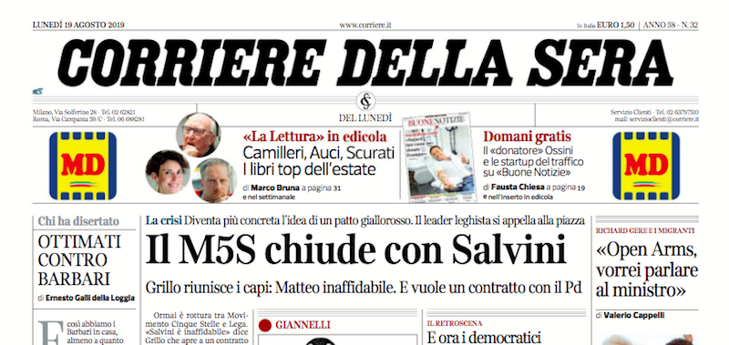 Le prime pagine dei giornali lunedì 19 agosto 2019
